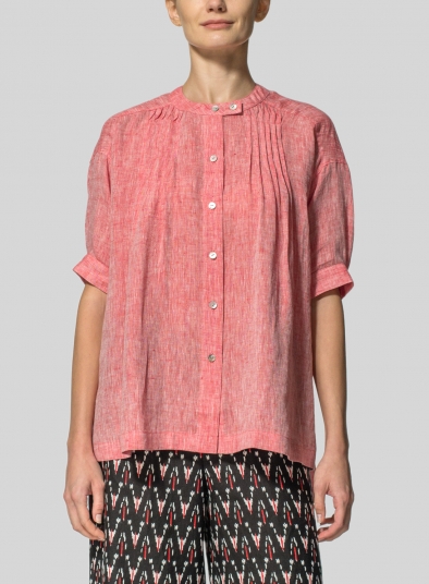 Linen Pintucked Short Sleeves Blouse