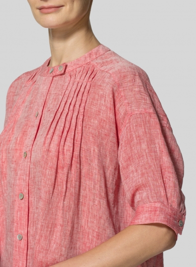 Linen Pintucked Short Sleeves Blouse