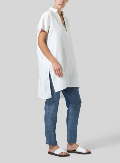 Linen Short Sleeve Deep V-Neck Tunic