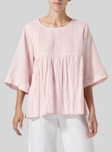 Linen Hand-Made Pleated Bell Sleeve Blouse