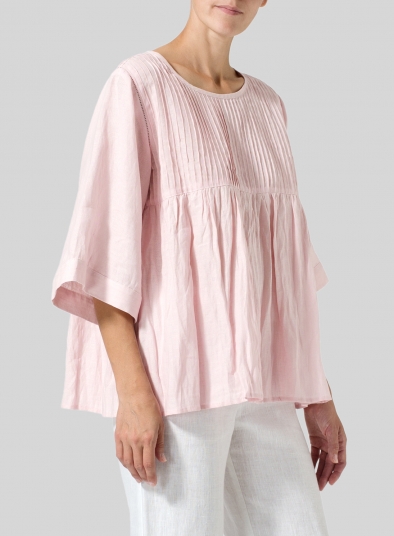 Linen Hand-Made Pleated Bell Sleeve Blouse