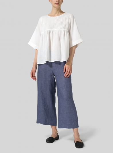 Linen Hand-Made Pleated Bell Sleeve Blouse