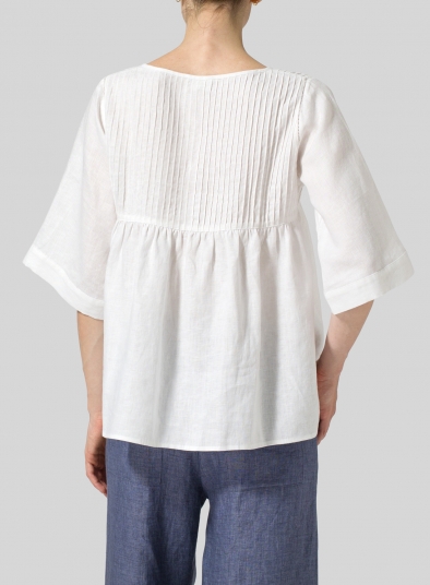 Linen Hand-Made Pleated Bell Sleeve Blouse