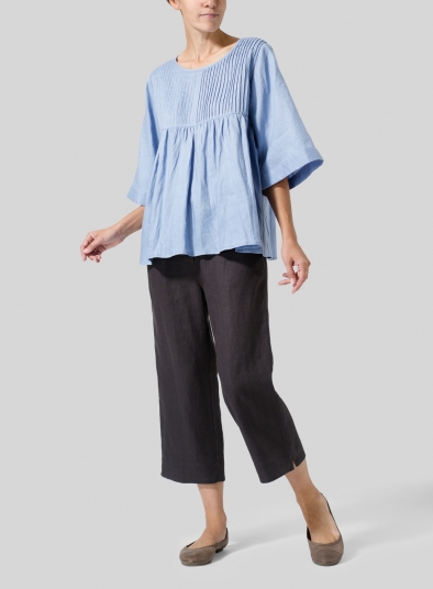 Linen Hand-Made Pleated Bell Sleeve Blouse