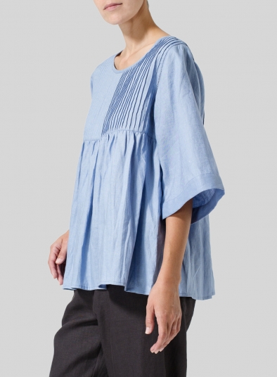 Linen Hand-Made Pleated Bell Sleeve Blouse