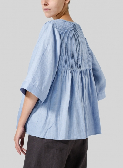 Linen Hand-Made Pleated Bell Sleeve Blouse