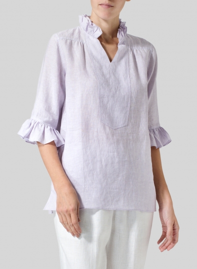 Linen Ruffle Stand Collar Top