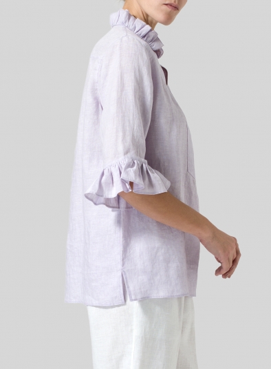 Linen Ruffle Stand Collar Top