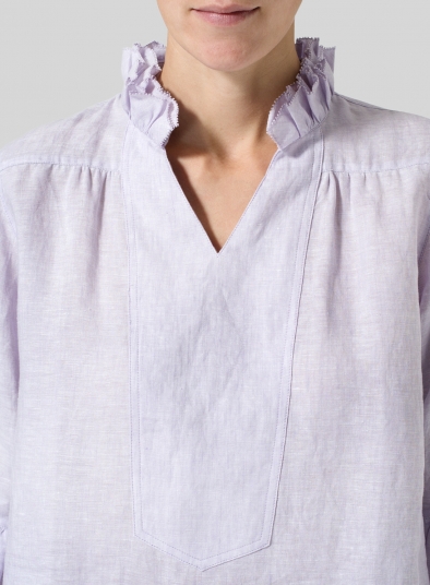 Linen Ruffle Stand Collar Top