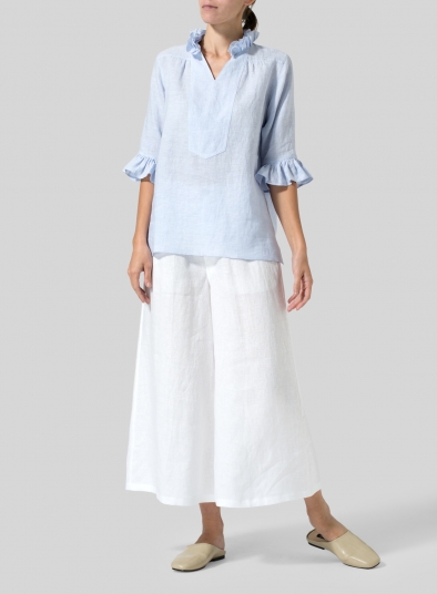 Linen Ruffle Stand Collar Top