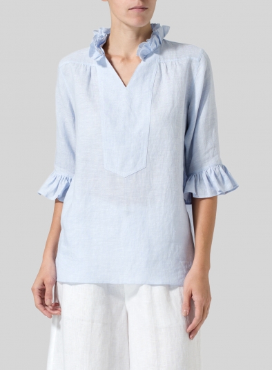 Linen Ruffle Stand Collar Top