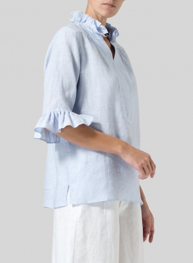 Linen Ruffle Stand Collar Top