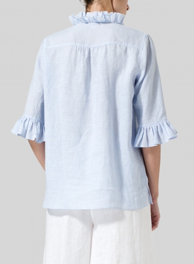 Linen Ruffle Stand Collar Top