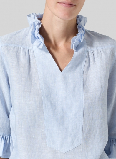 Linen Ruffle Stand Collar Top