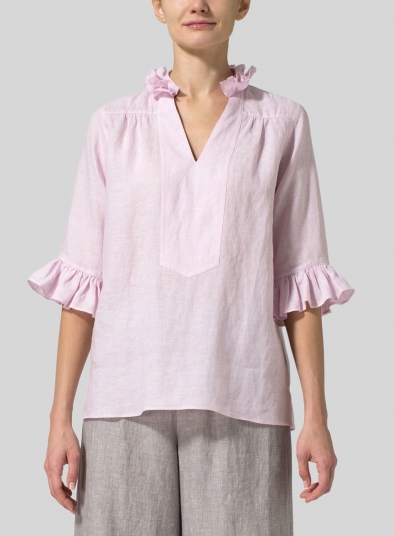 Linen Ruffle Stand Collar Top