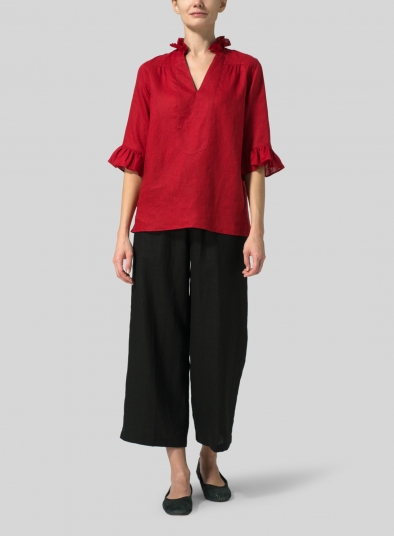 Linen Ruffle Stand Collar Top