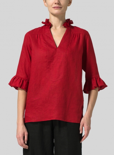 Linen Ruffle Stand Collar Top