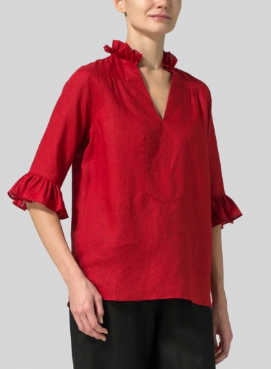 Linen Ruffle Stand Collar Top