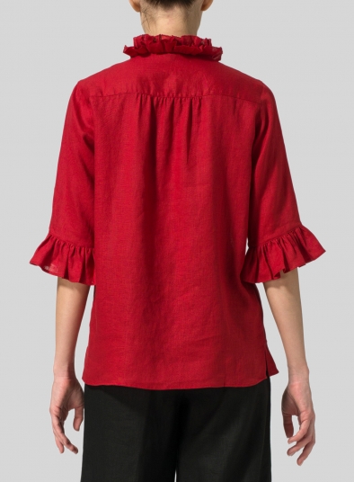 Linen Ruffle Stand Collar Top