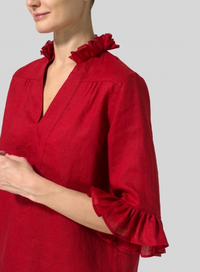 Linen Ruffle Stand Collar Top