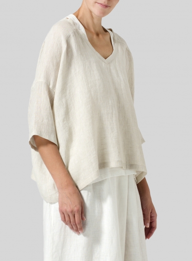 Woven Linen Deep V-neck Top