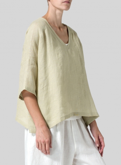 Woven Linen Deep V-neck Top