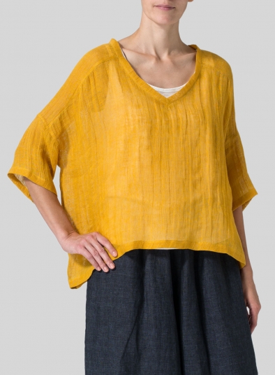 Woven Linen Deep V-neck Top