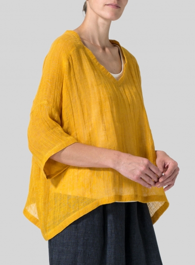 Woven Linen Deep V-neck Top