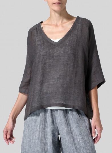 Charcoal Gray Woven Linen Deep V-neck Top - Plus Size