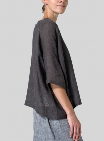 Charcoal Gray Woven Linen Deep V-neck Top - Plus Size