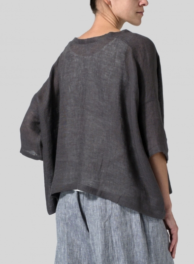 Charcoal Gray Woven Linen Deep V-neck Top - Plus Size