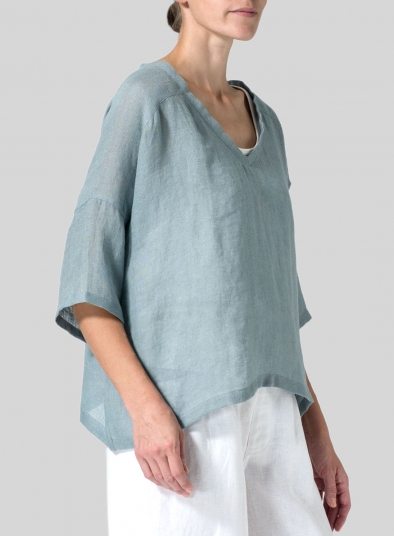 Woven Linen Deep V-neck Top