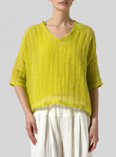 Woven Linen Deep V-neck Top