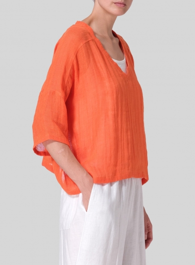 Woven Linen Deep V-neck Top