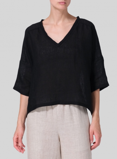 Woven Linen Deep V-neck Top