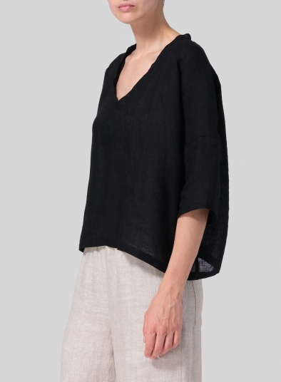 Woven Linen Deep V-neck Top