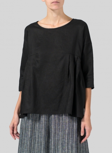 Black Linen Dropped Shoulder Pleated Box Top