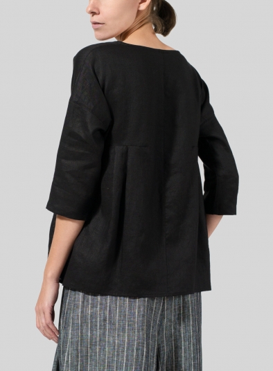 Black Linen Dropped Shoulder Pleated Box Top