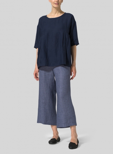 Linen Dropped Shoulder Pleated Box Top