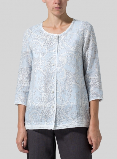 Blue Paisley Waves Lightweight Linen Embroidered Hemline Top