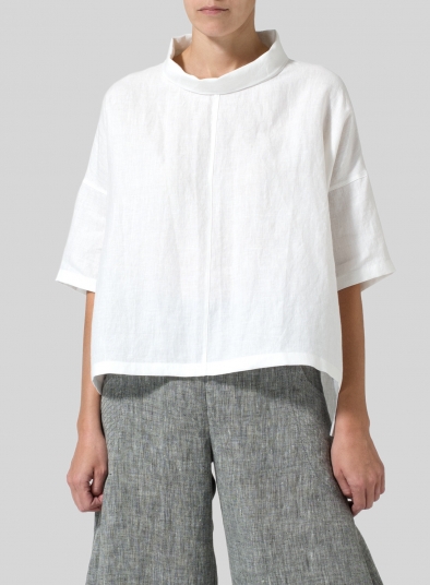 Linen Band Collar Boxy Top