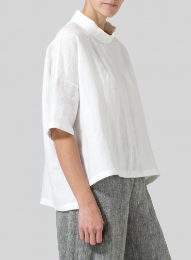 Linen Band Collar Boxy Top