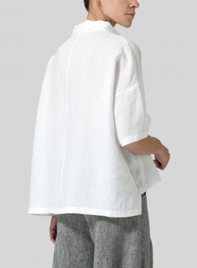 Linen Band Collar Boxy Top
