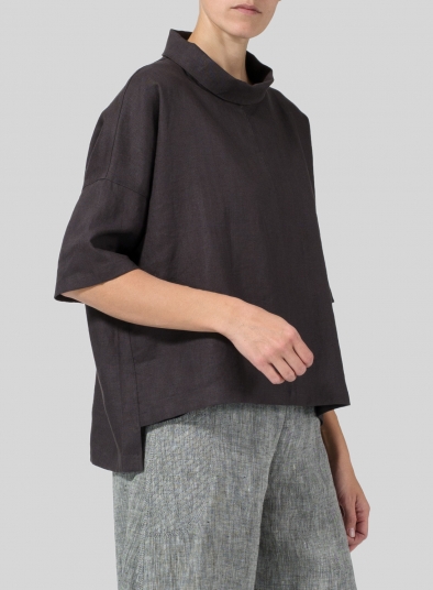 Linen Band Collar Boxy Top