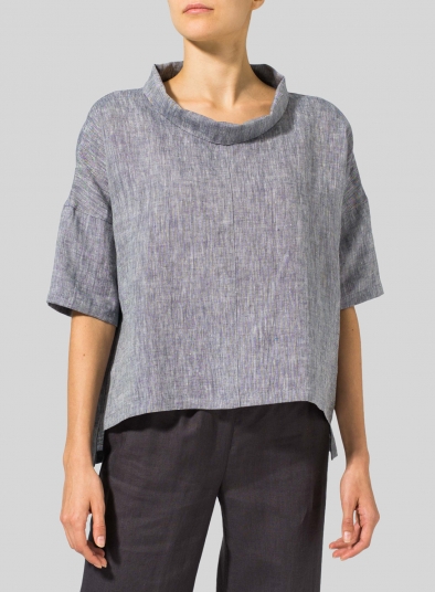 Linen Band Collar Boxy Top