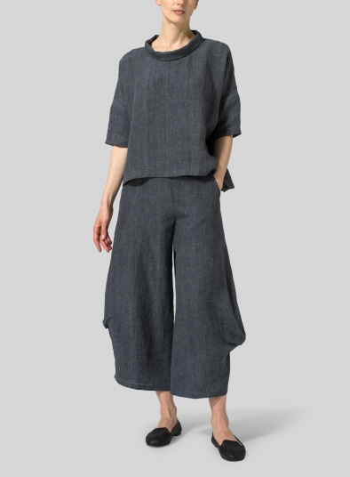 Charcoal Linen Band Collar Boxy Top