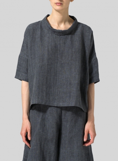 Linen Band Collar Boxy Top