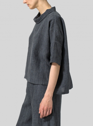 Linen Band Collar Boxy Top