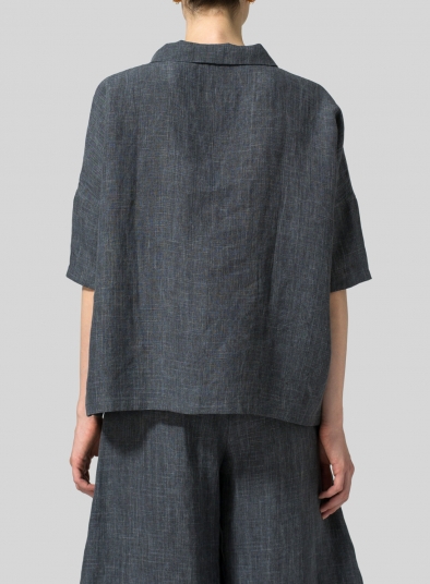 Linen Band Collar Boxy Top