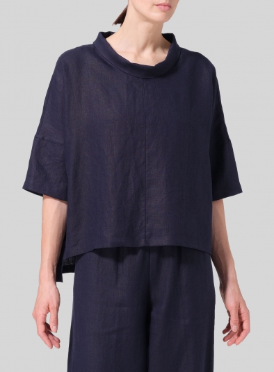 Linen Band Collar Boxy Top